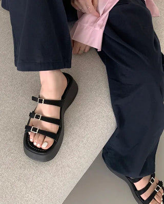 Platform buckle strap slippers