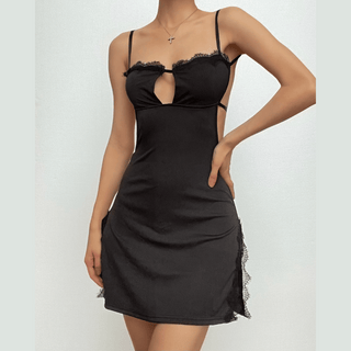 Lace hem solid hollow out backless slit cami cut out mini dress
