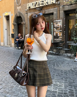 Checkered button pleated mini skirt