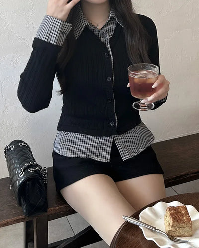 Checked shirt layered cardigan