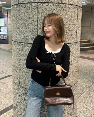 Ribbon Button Long Sleeve T-Shirt