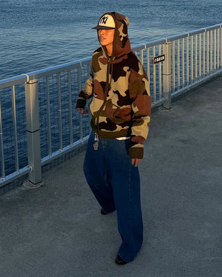 Camouflage knit hooded zip-up