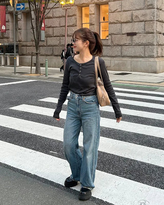 U-neck button-down slim-fit long-sleeve shirt