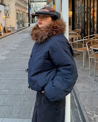 Button-up hooded fur padded jacket