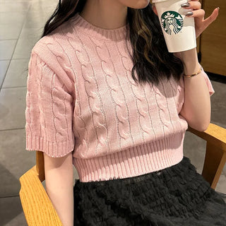 Cable Cropped Short-Sleeve Knit