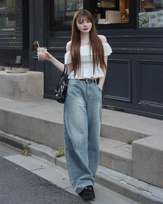 Washed wide-leg denim pants