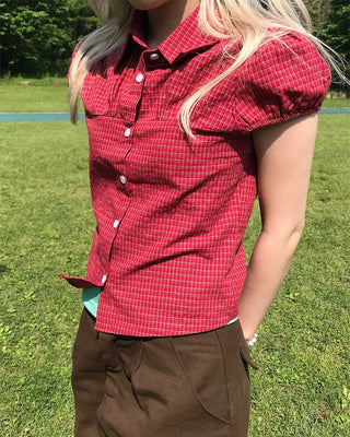 Checked shirred short-sleeved blouse