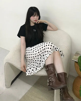 Polka Dot Frill Hem Midi Skirt