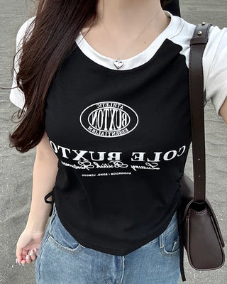 String lettering raglan short-sleeved T-shirt