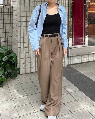 Double-pleated wide-fit slacks