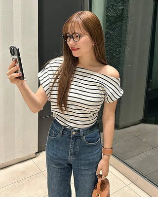 Asymmetrical Off-Shoulder Striped T-Shirt