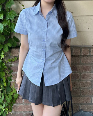 Belted Pinstripe Pleated Mini Skirt