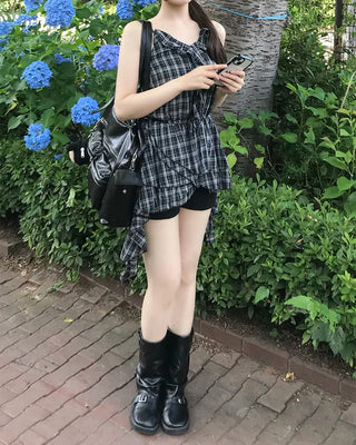 V-neck checkered ruffle camisole