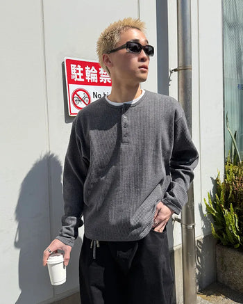 Shell Button Waffle Henley Neck T-Shirt