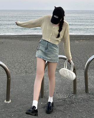 Washed denim mini skirt