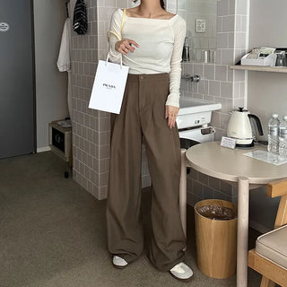 Double-pleated wide-leg slacks