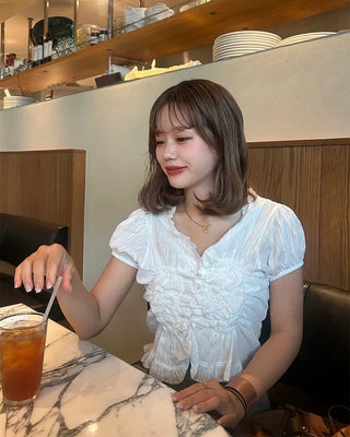 Smoked Frill Short Sleeve Blouse