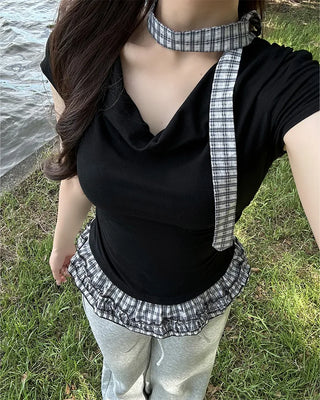 Checked frill shirred half-sleeve T-shirt