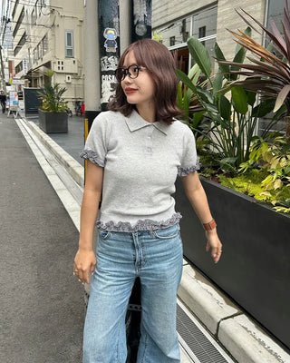 Checked frill detail short-sleeved knit