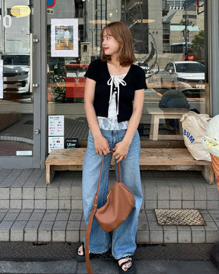 Lace-layered short-sleeved cardigan