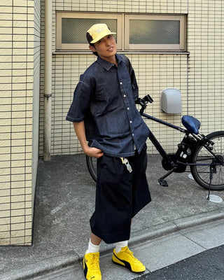 Stitched denim half-sleeve shirt
