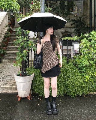 Checkered ribbon asymmetrical dress