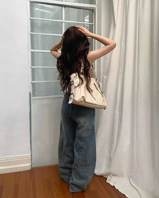 Washed distressed wide-leg denim pants