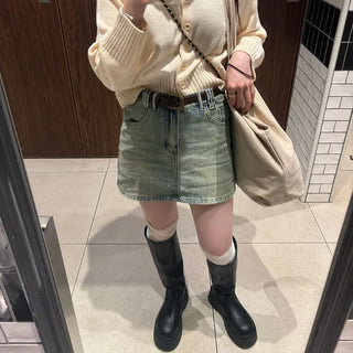 Belted denim mini skirt