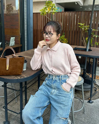 Colored neck knit cardigan