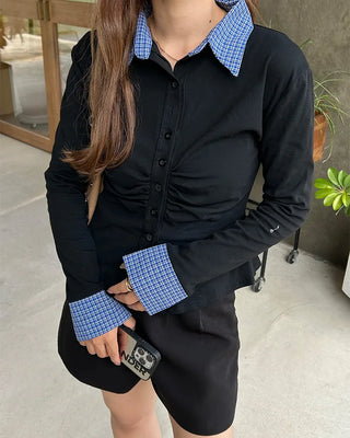 Checked layered gathered cardigan