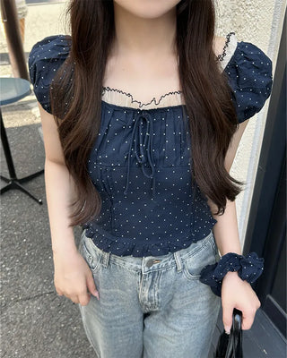 (Set) Polka Dot Puff Blouse and Scrunchie