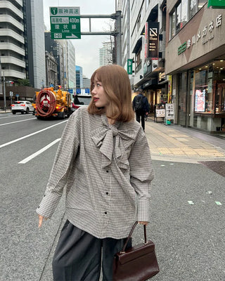 Checked ribbon tie blouse