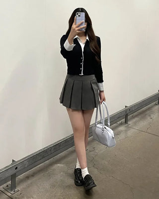Shirt-layered long-sleeved cardigan