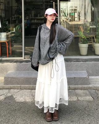 Lace hem frill line tiered maxi skirt