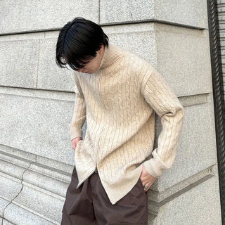 Cable knit 2-way zip-up knit