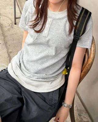 Striped layered Henley neck half T-shirt