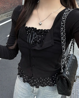Polka Dot Frill Sleeveless Top & Cardigan Set