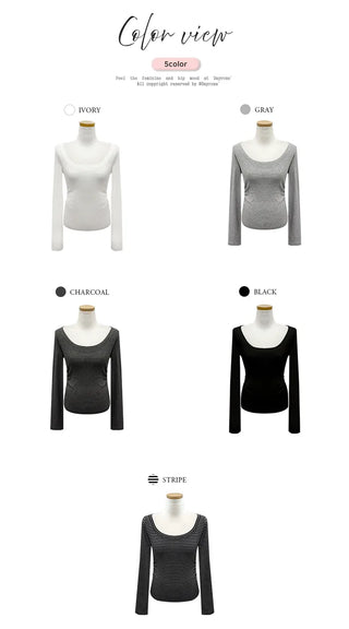 U-neck shirred long-sleeved T-shirt