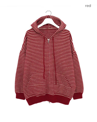 Striped knit hooded zip-up