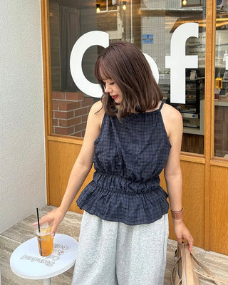 Checked halter neck sleeveless top