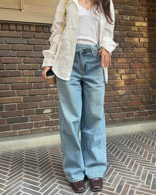 Asymmetrical wide-leg denim pants