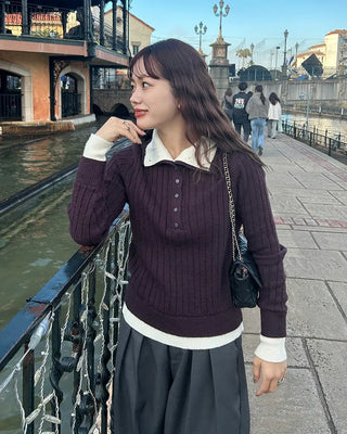 High-neck layered button knit