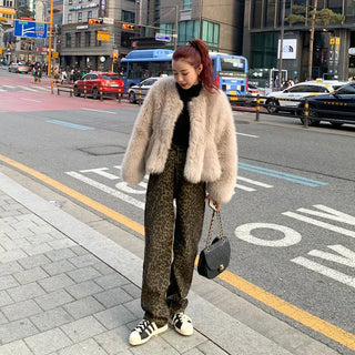 Leopard print denim pants