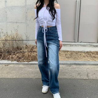 High-waisted washed denim wide-leg pants