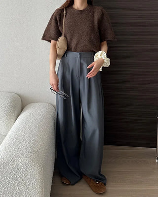 High-waisted, pleated long wide slacks
