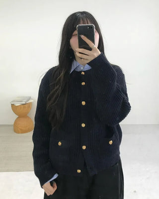 Gold Button Square Pocket Ribbed Cardigan
