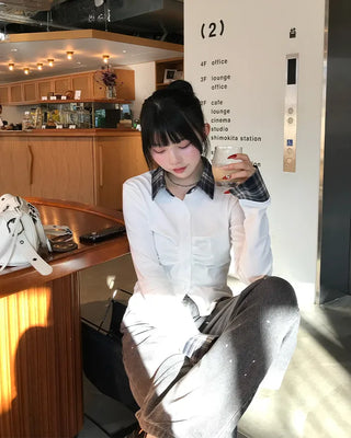 Checked two-tone gathered neck shirt