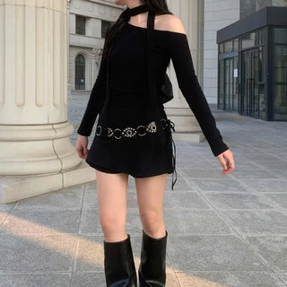 Scarf Choker Off-Shoulder Asymmetrical Long-Sleeve T-Shirt