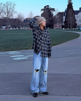 Distressed wide-leg denim