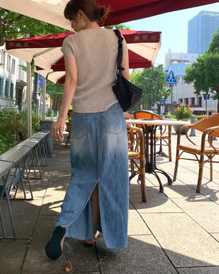Washed long denim skirt
